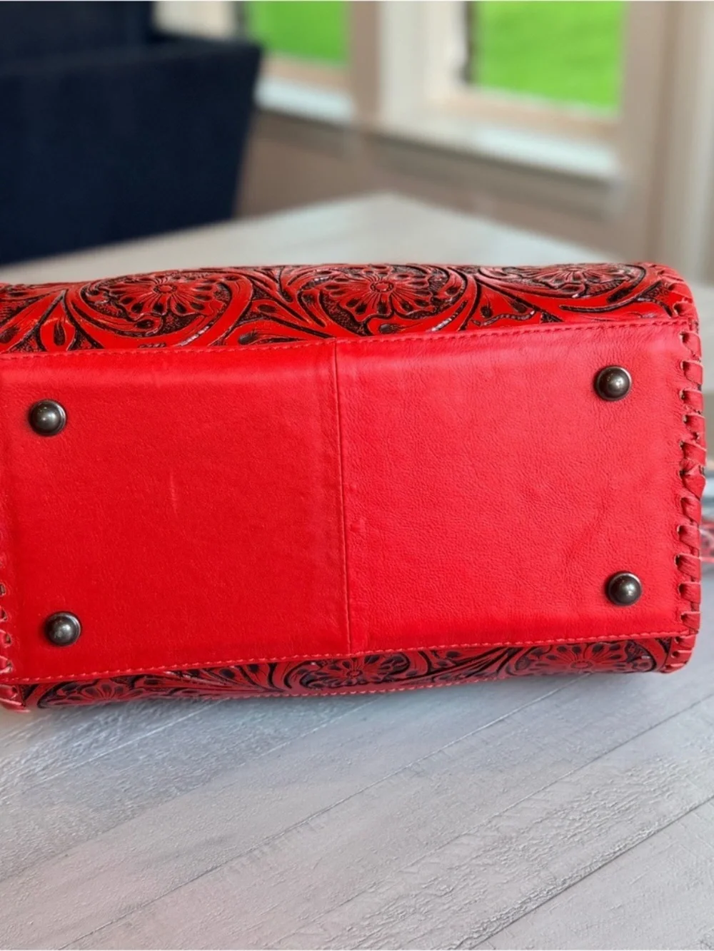 Genuine Leather Cowhide Western SpeedyPurse Tooled Floral Red Satchel Bag Medium